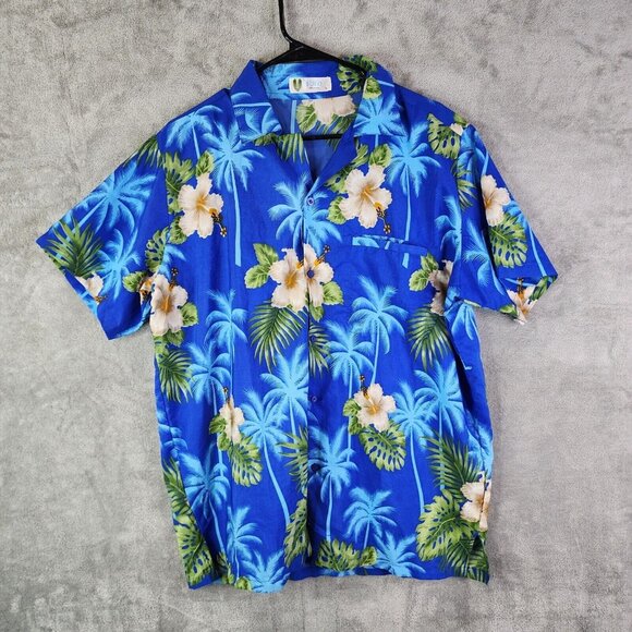 Mens Hawaiian Shirt Vibrant Blue V.H.O. Button-Up Short Sleeve Size L - Picture 1 of 10